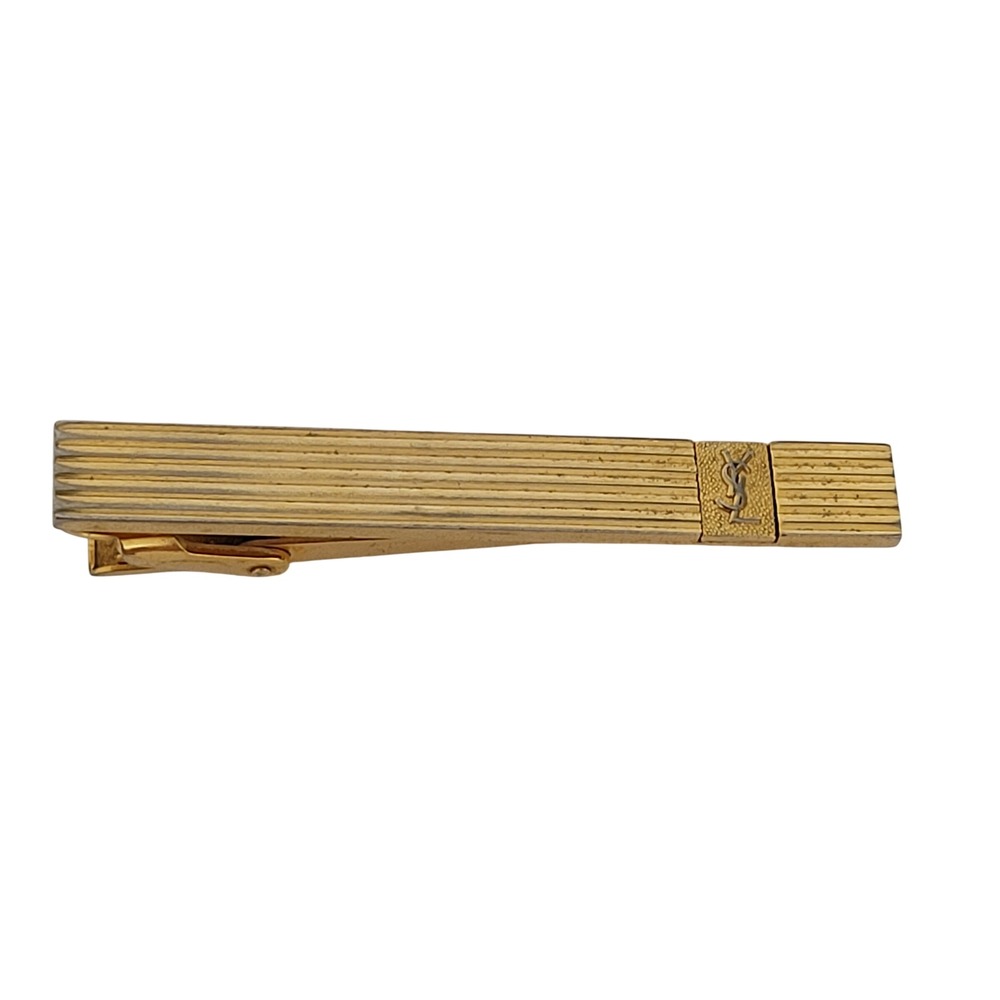 Yves Saint Laurent Vintage Gold Tone Ribbed Tie Bar YSL Logo Clip Accessory